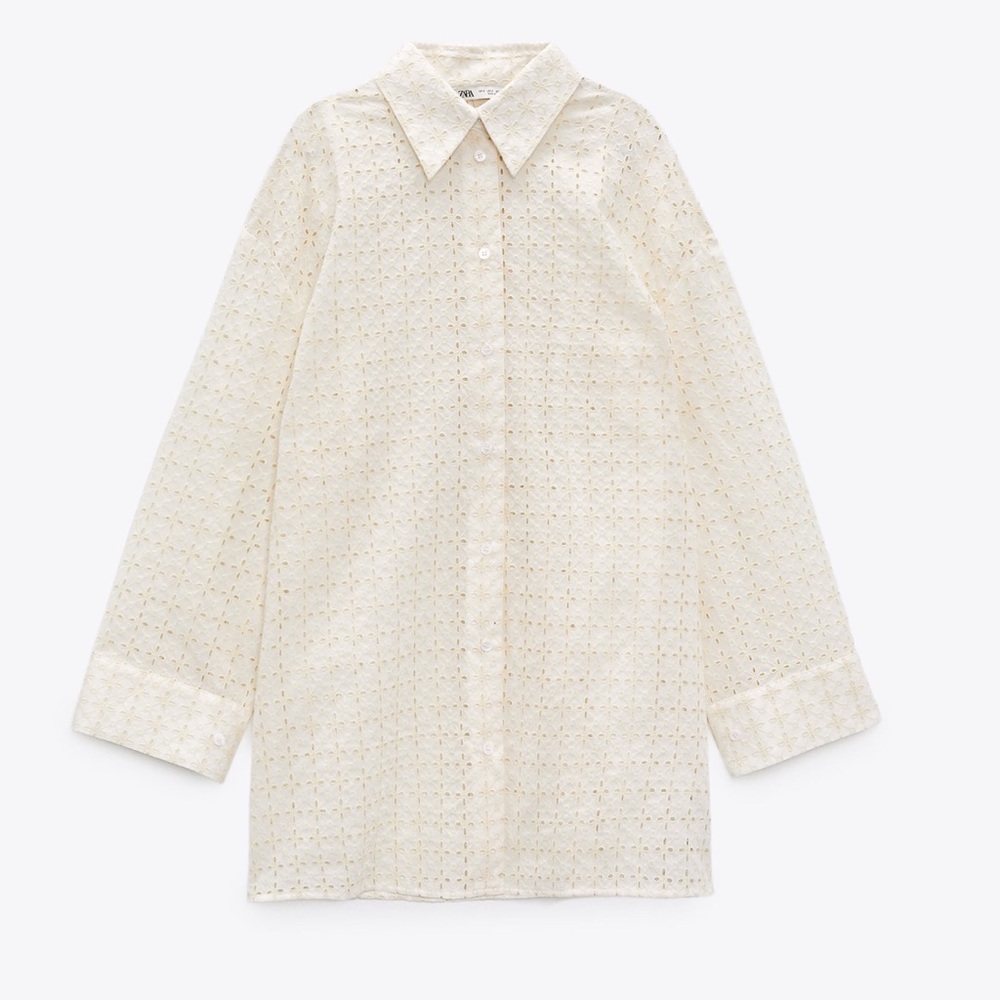 Zara NWT Oversized Cutwork Embroidered Buttoned Top Medium Ecru - Picture 3 of 10
